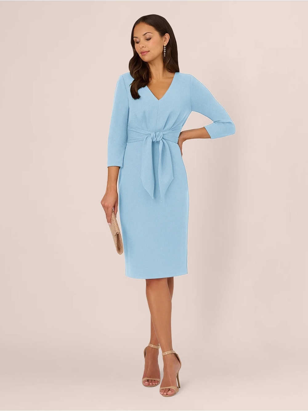 Adrianna Papell Tie Waist Pleated Midi Dress Blue Mist NWOT Size 10